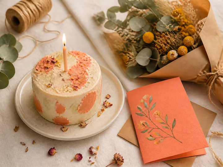 A small iced birthday cake with a single candle, a coral greeting card, and a bouquet of eucalyptus and yellow craspedia wrapped in kraft paper.